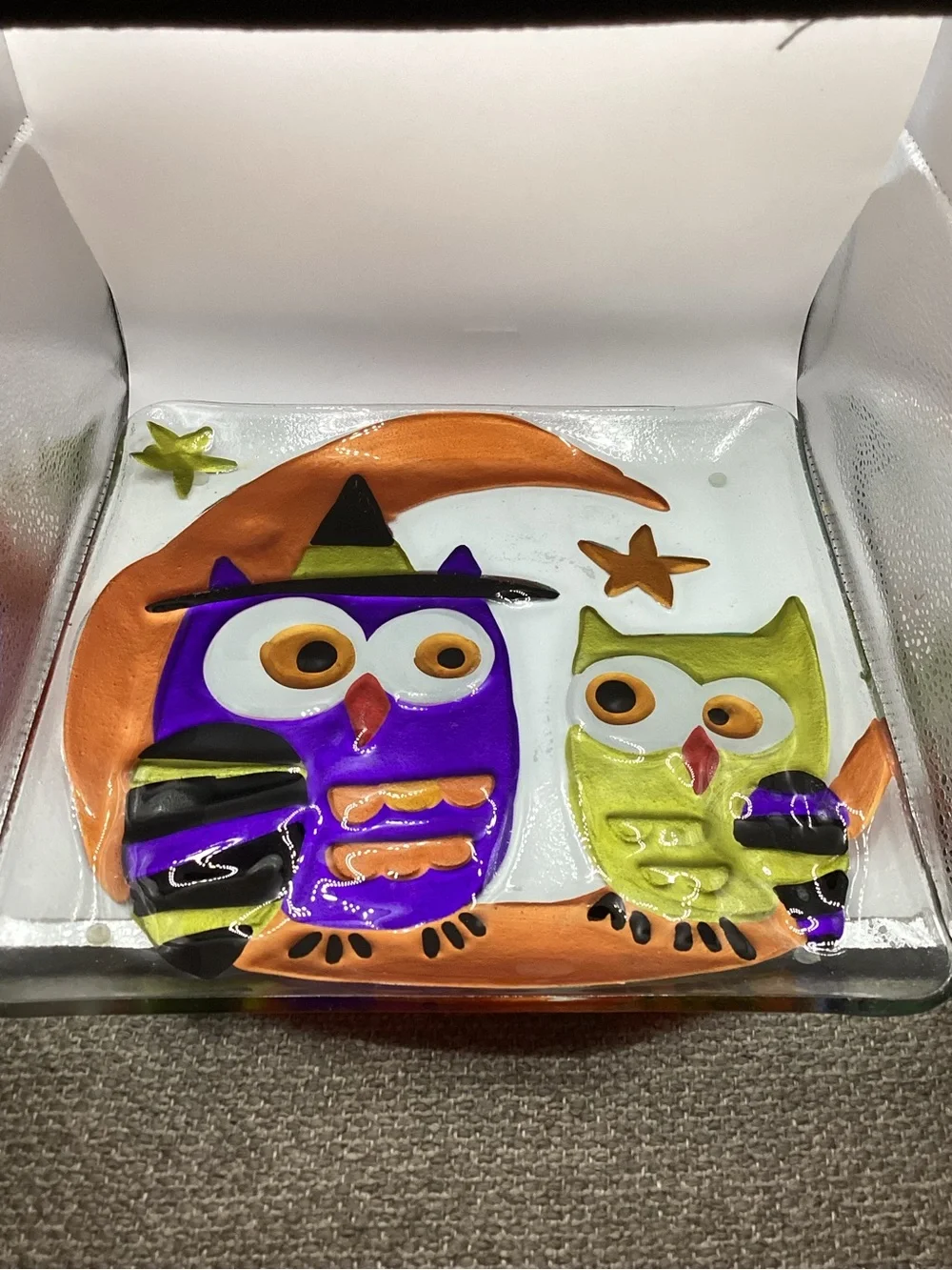 Lori Siebert for Silvestri fused glass Halloween owl witches serving platter